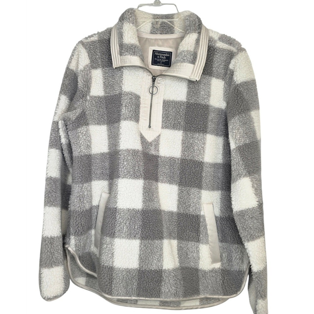 Abercrombie & Fitch Grey White Plaid Sherpa Fleece Quarter Zip Pullover Small